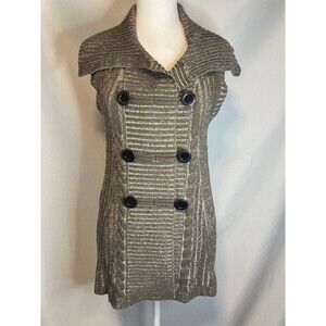 Hannah Tan Cardigan Sweater Vest M Double Breasted Collared Chunky Ribbed Taupe